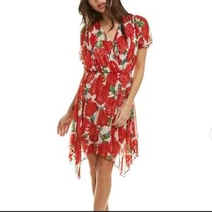 The Kooples Red Rose Floral Wrap Puff Sleeve Mini Dress Handkerchief Hem Small